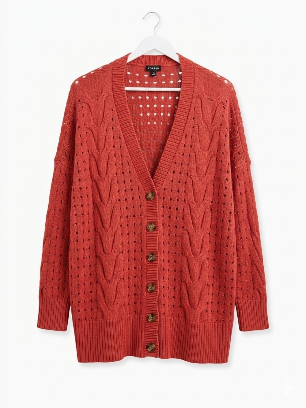 Torrid Chunky Cable Knit Cardigan Sweater Rust Lagenlook Pointelle Open Stitch